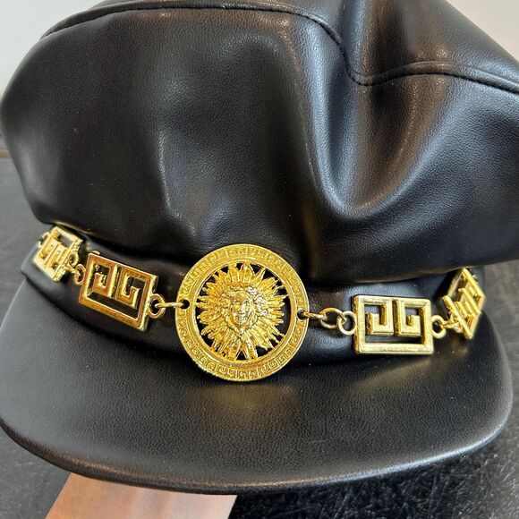 Vintage 80s KOKIN Faux Leather Moto Biker Newsboy Cabbie Hat Gold Sunburst - Picture 6 of 9